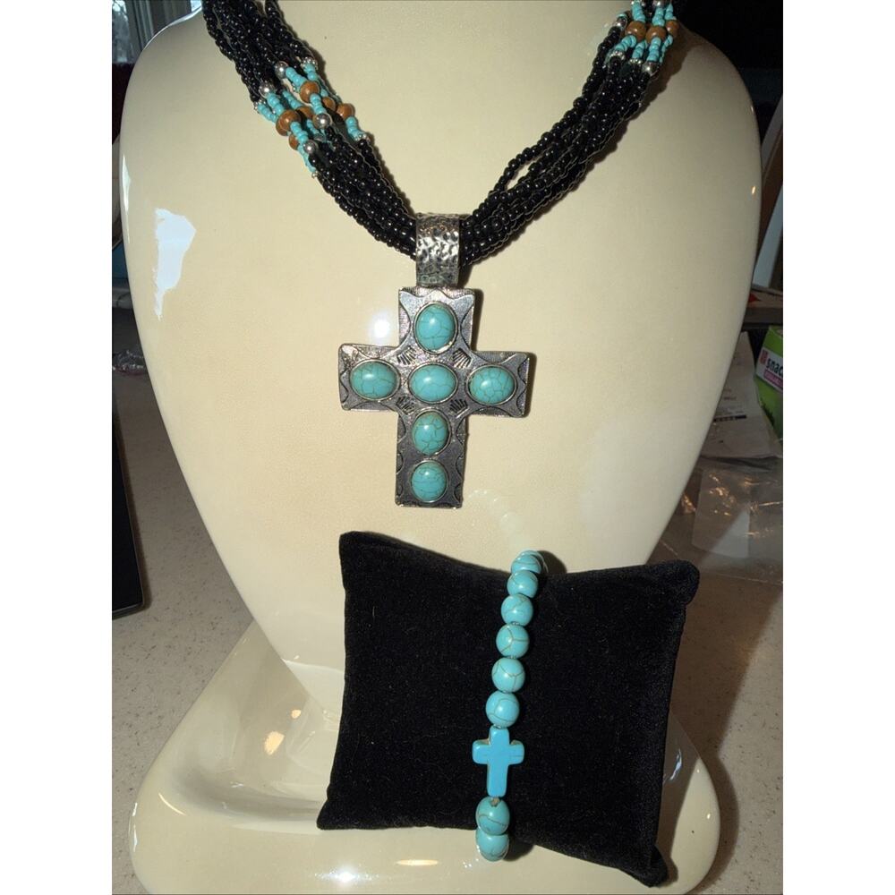 Necklace And Bracelet With Cross Jewelry Set With Blue Howlite And Onyx Stones